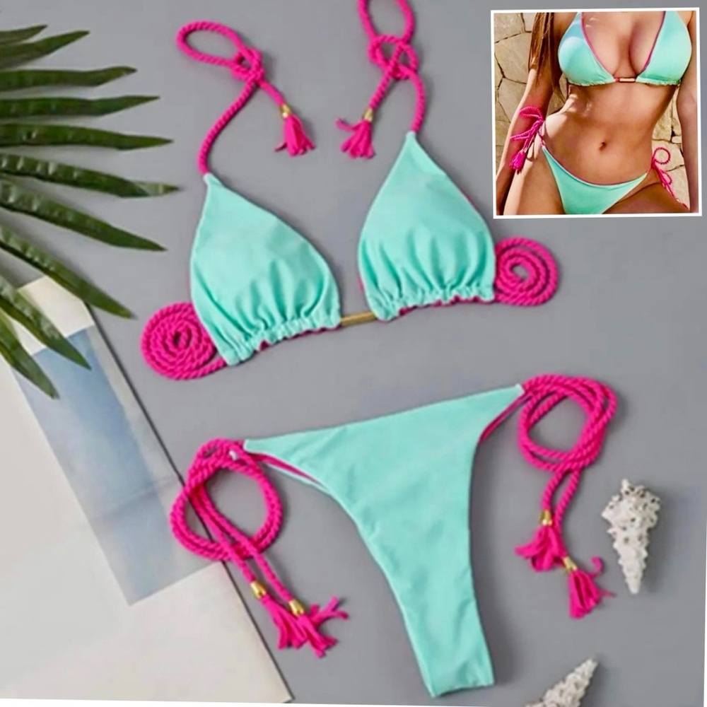 AQUA AND HOT PINK MICRO BIKINI-TIE SIDE BOTTOMS